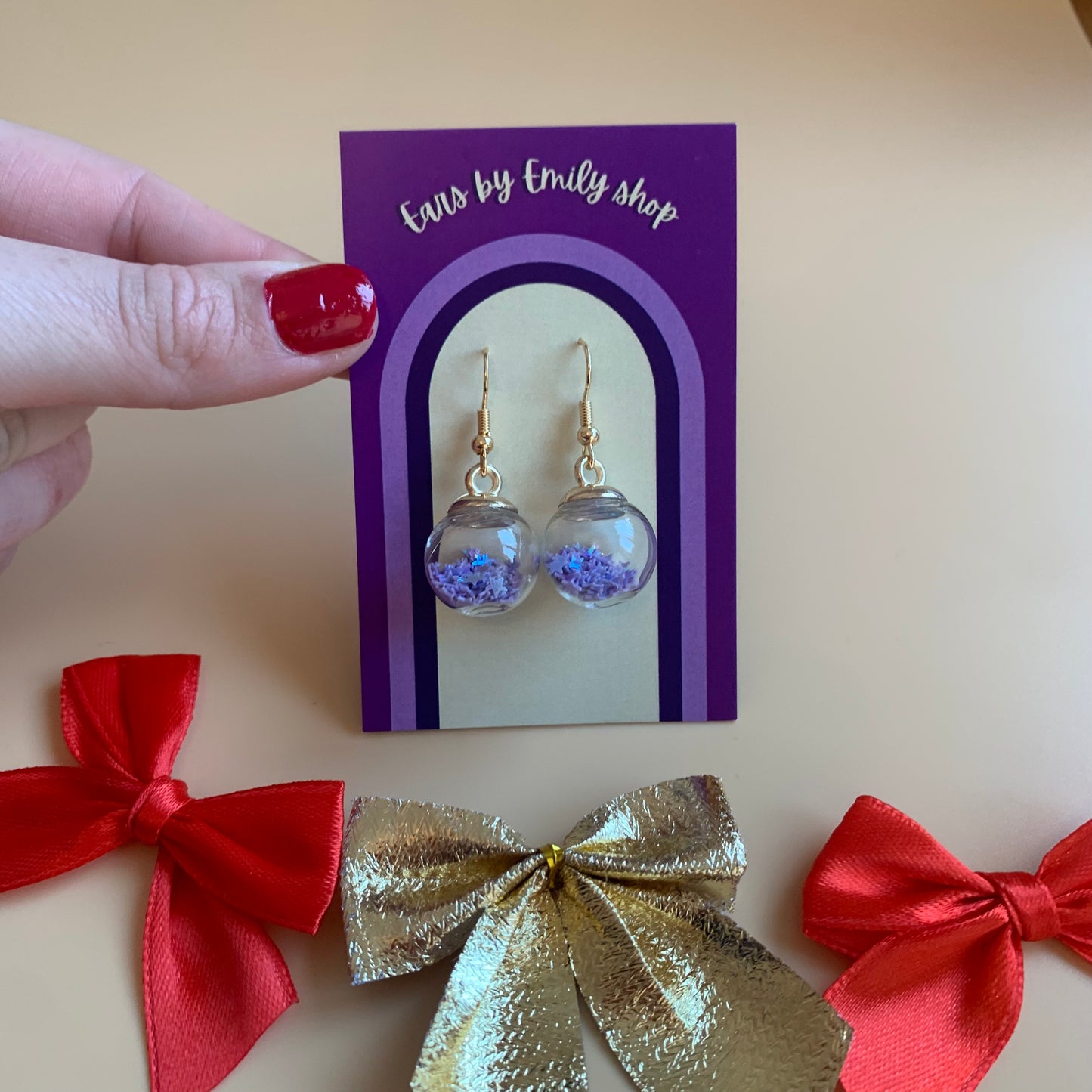 Festive purple bauble Christmas earrings