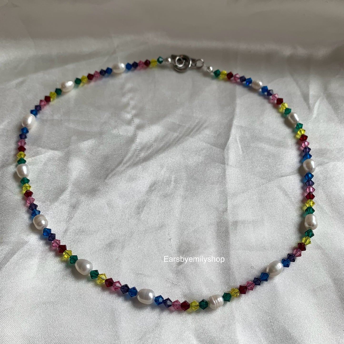 Rainbow crystal beaded freshwater pearl 24kt gold plated necklace