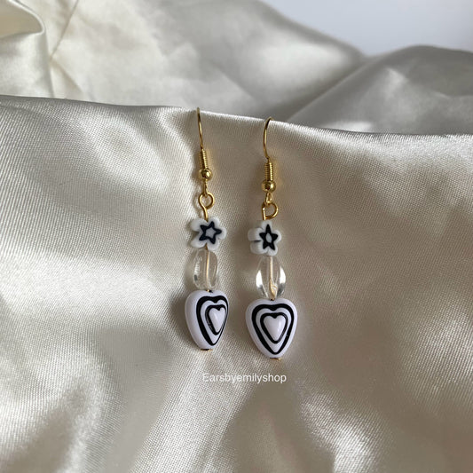 Cool white and black handmade heart and flower bead dangle gold plated earrings