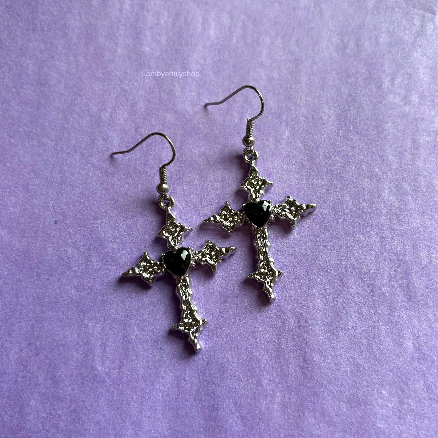 Cool silver with black heart cross drop dangle earrings on hypoallergenic surgical steel hooks
