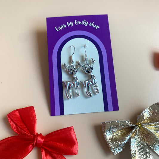 Festive silver reindeer Christmas earrings