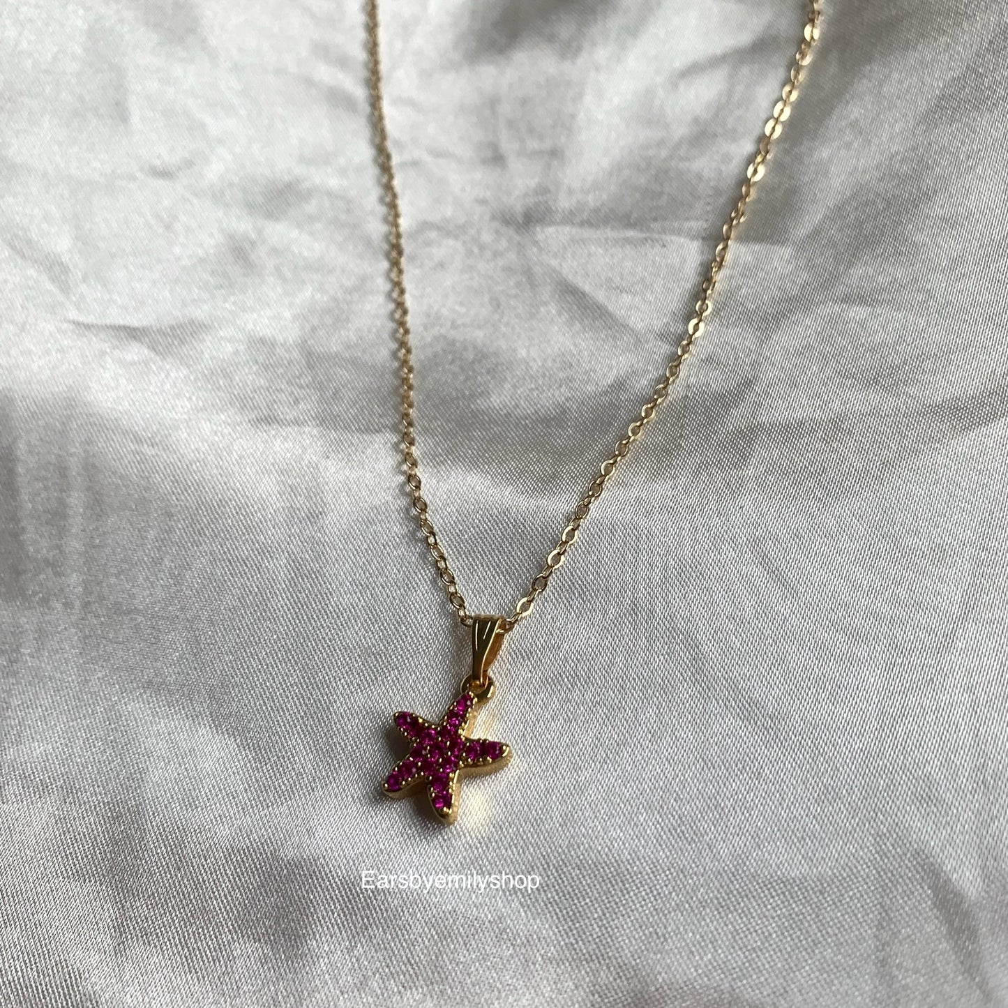 Gold plated pink crystal starfish pendant necklace