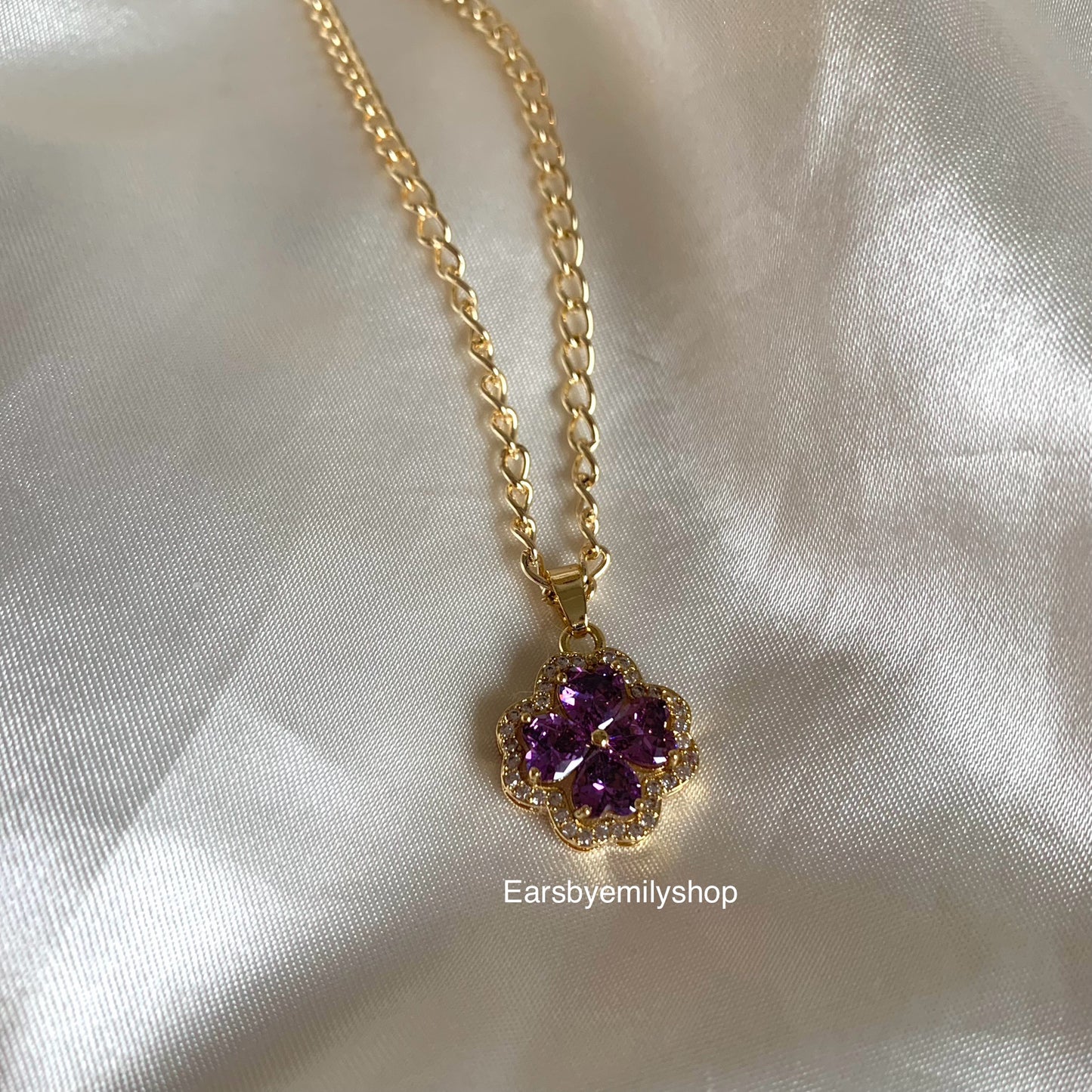 Gold plated purple crystal four leaf clover crystal necklace