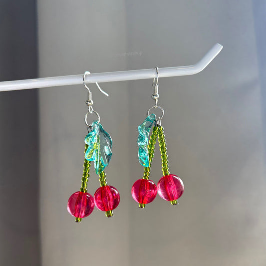 Handmade red and green beaded cherry silver dangle earrings