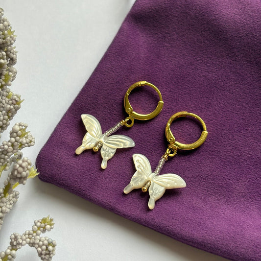 Mother of pearl beaded butterfly drop dangle gold plated huggie hoop earrings