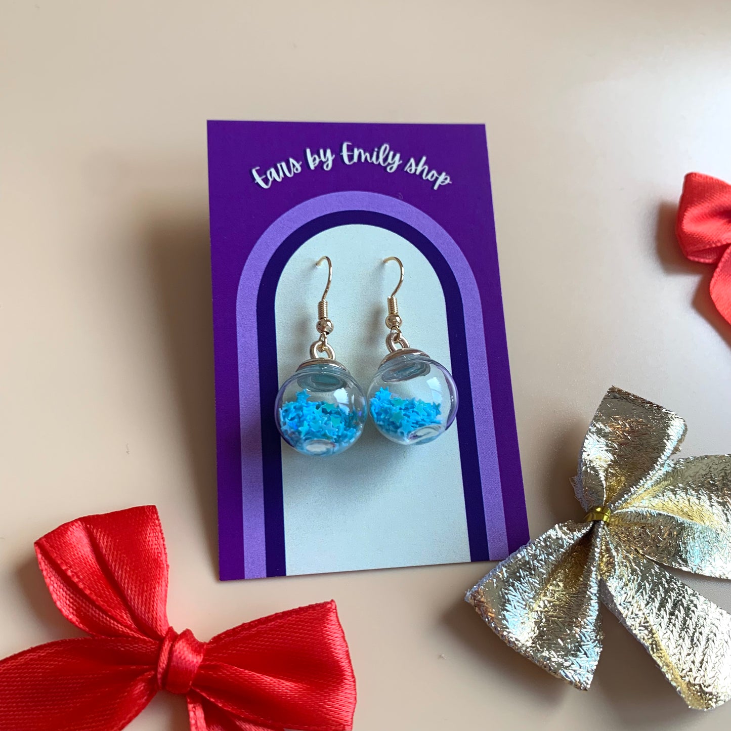 Festive blue Christmas bauble gold earrings