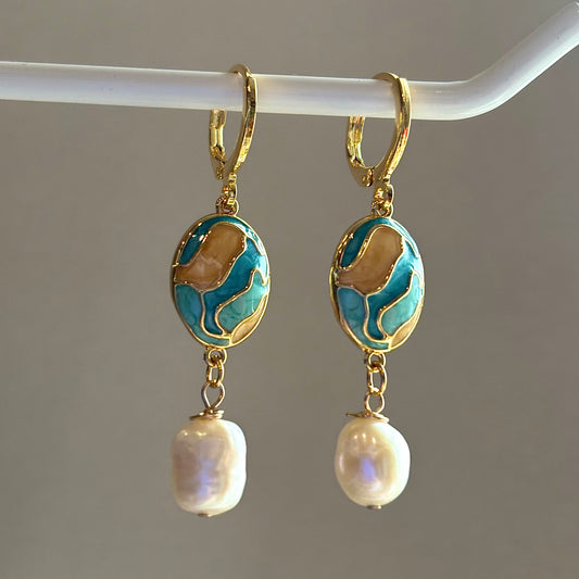 Blue and cream enamel oval and freshwater pearl gold plated hoop earrings