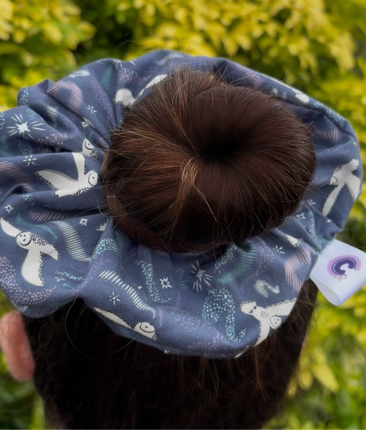 Big handmade blue midnight fantasy owl scrunchie