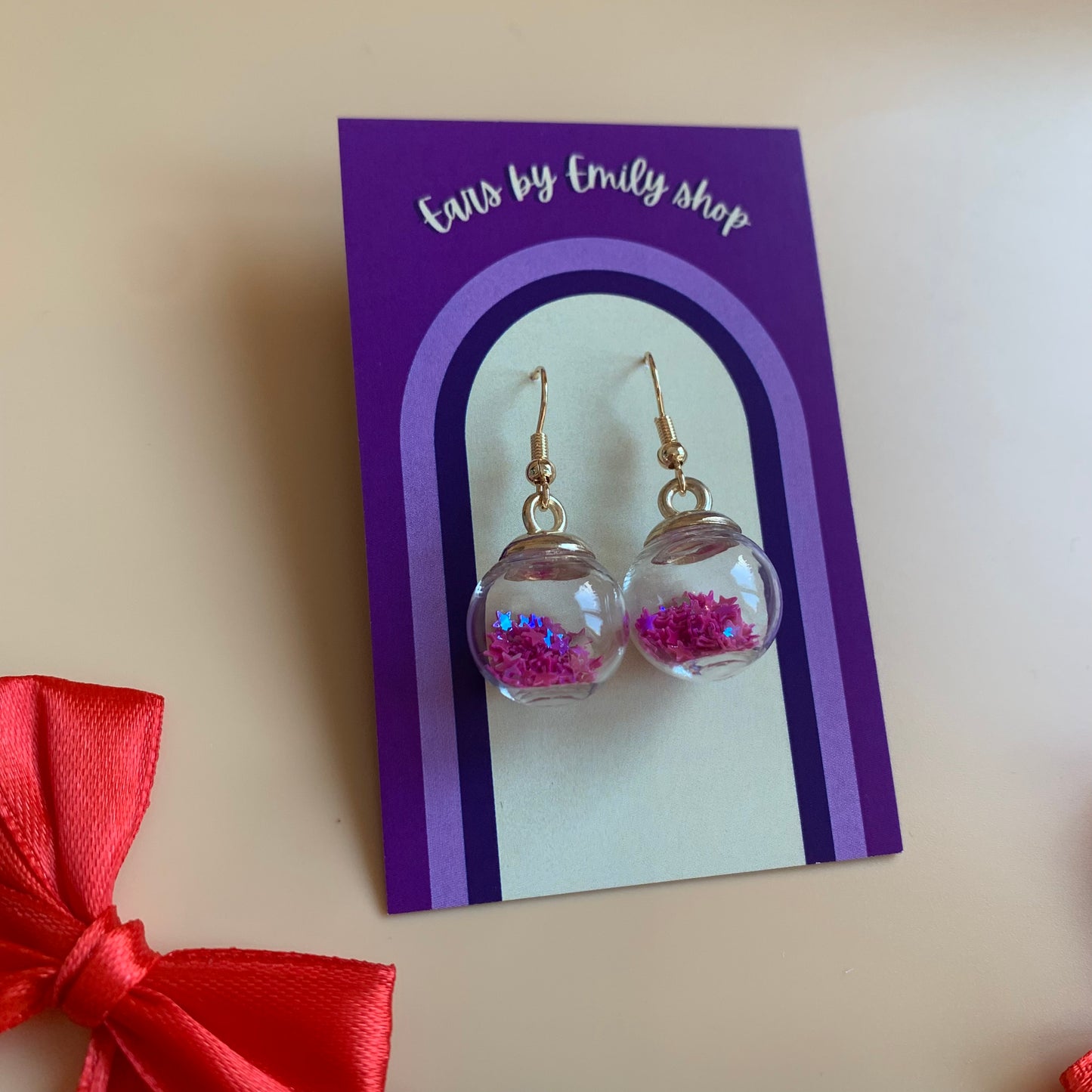 Festive pink Christmas bauble gold earrings