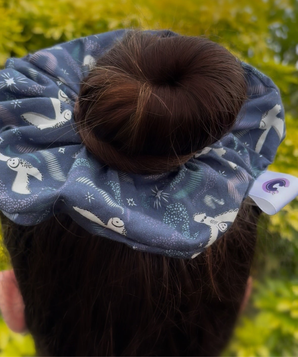 Big handmade blue midnight fantasy owl scrunchie