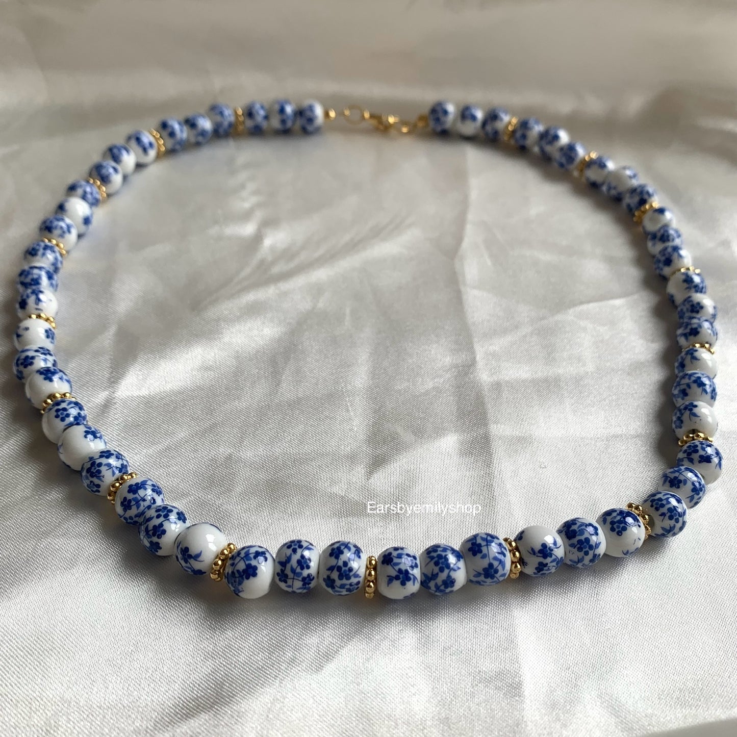 Blue and white ceramic beaded 24kt gold plated necklace