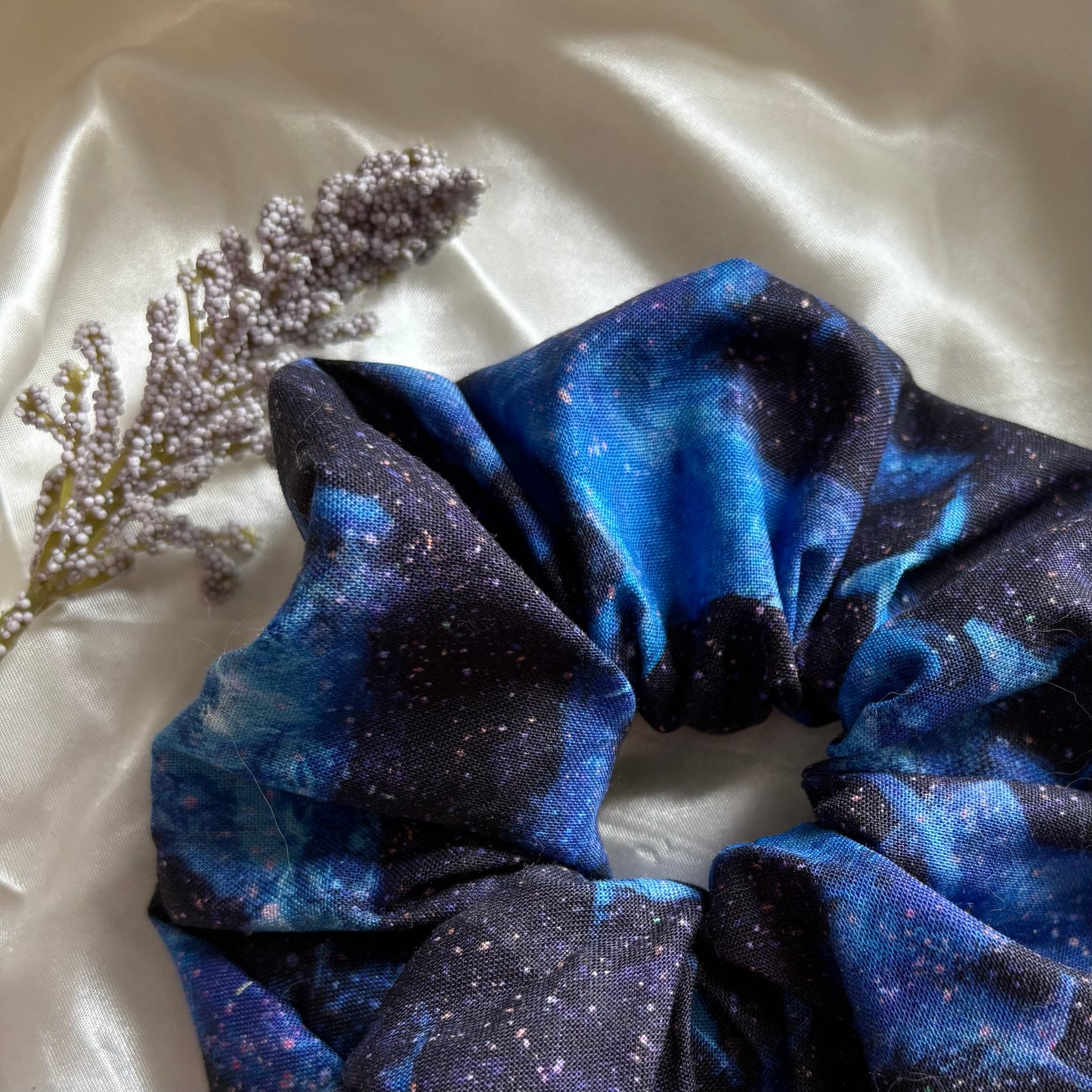 Big handmade navy blue unicorn galaxy scrunchie