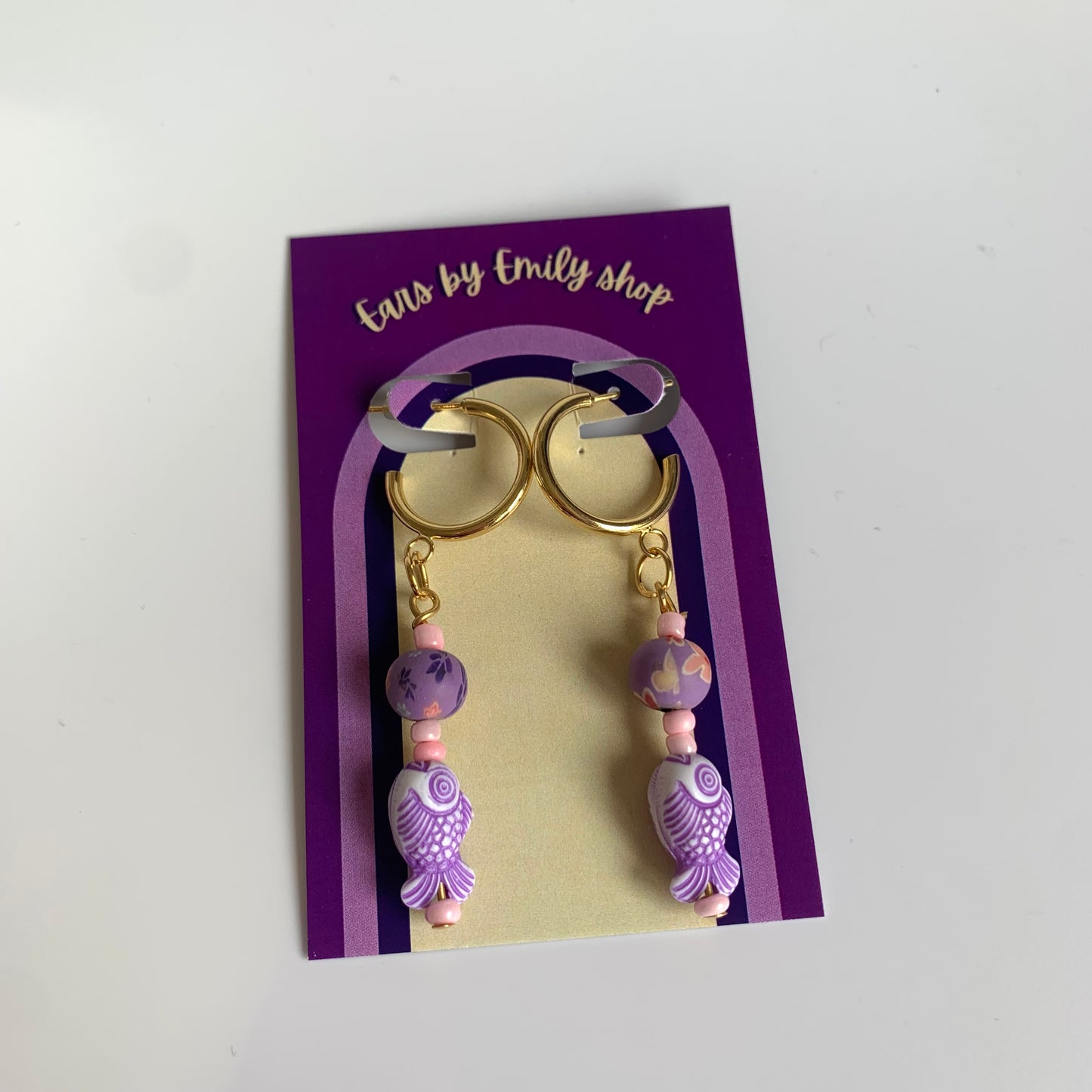 Cool gold handmade purple fish and pink bead studs hoop earrings