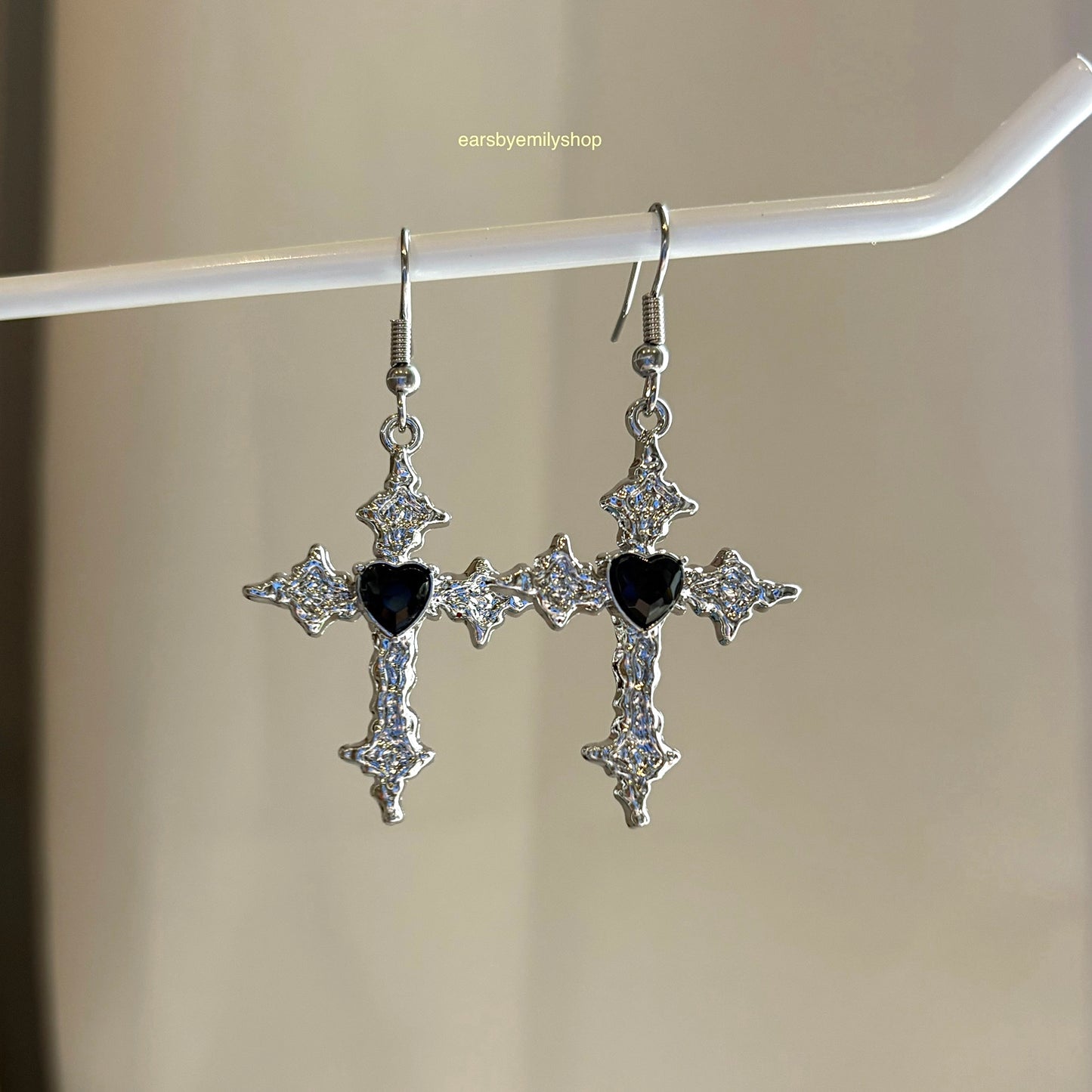 Cool silver with black heart cross drop dangle earrings on hypoallergenic surgical steel hooks
