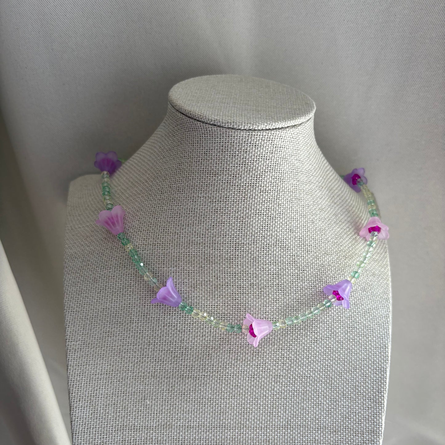 Handmade beaded pink purple and green flower choker necklace