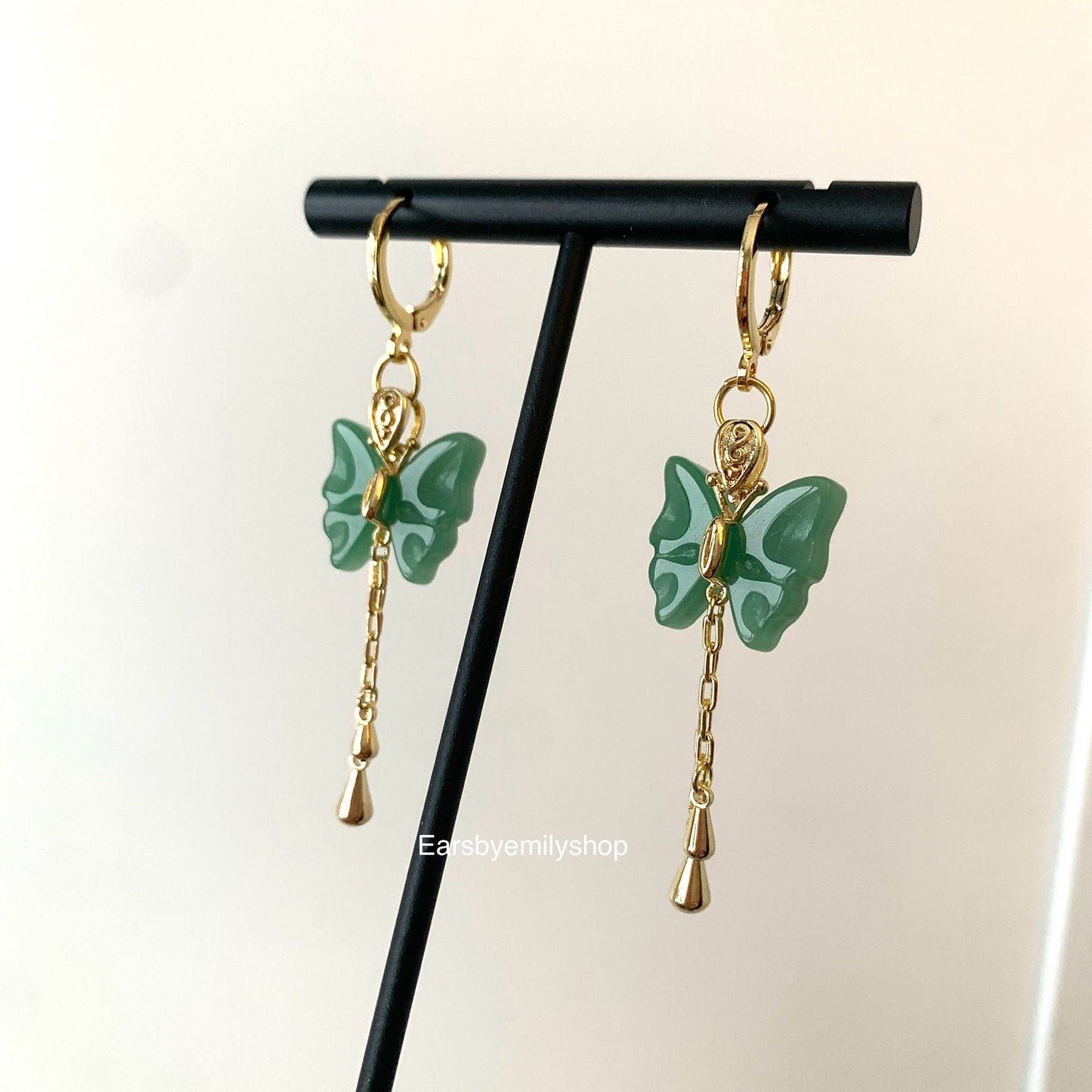 Green butterfly gold plated hoop earrings