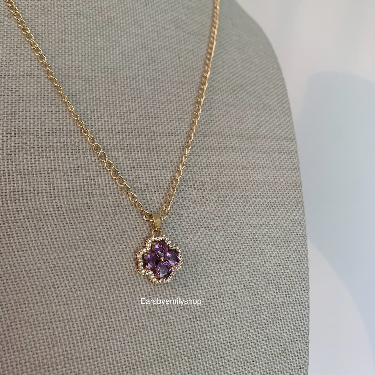 Gold plated purple crystal four leaf clover crystal necklace