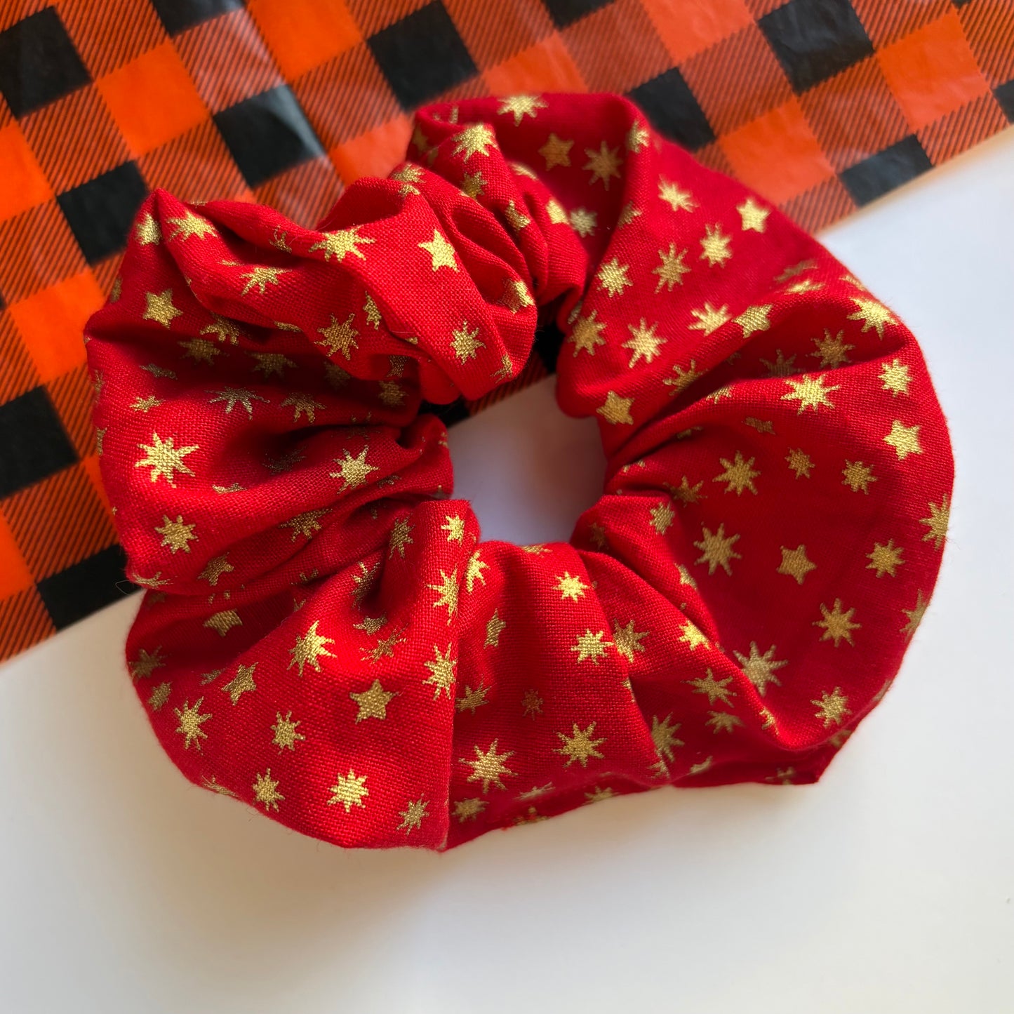 Green or red with gold glitter star Christmas large cotton scrunchie