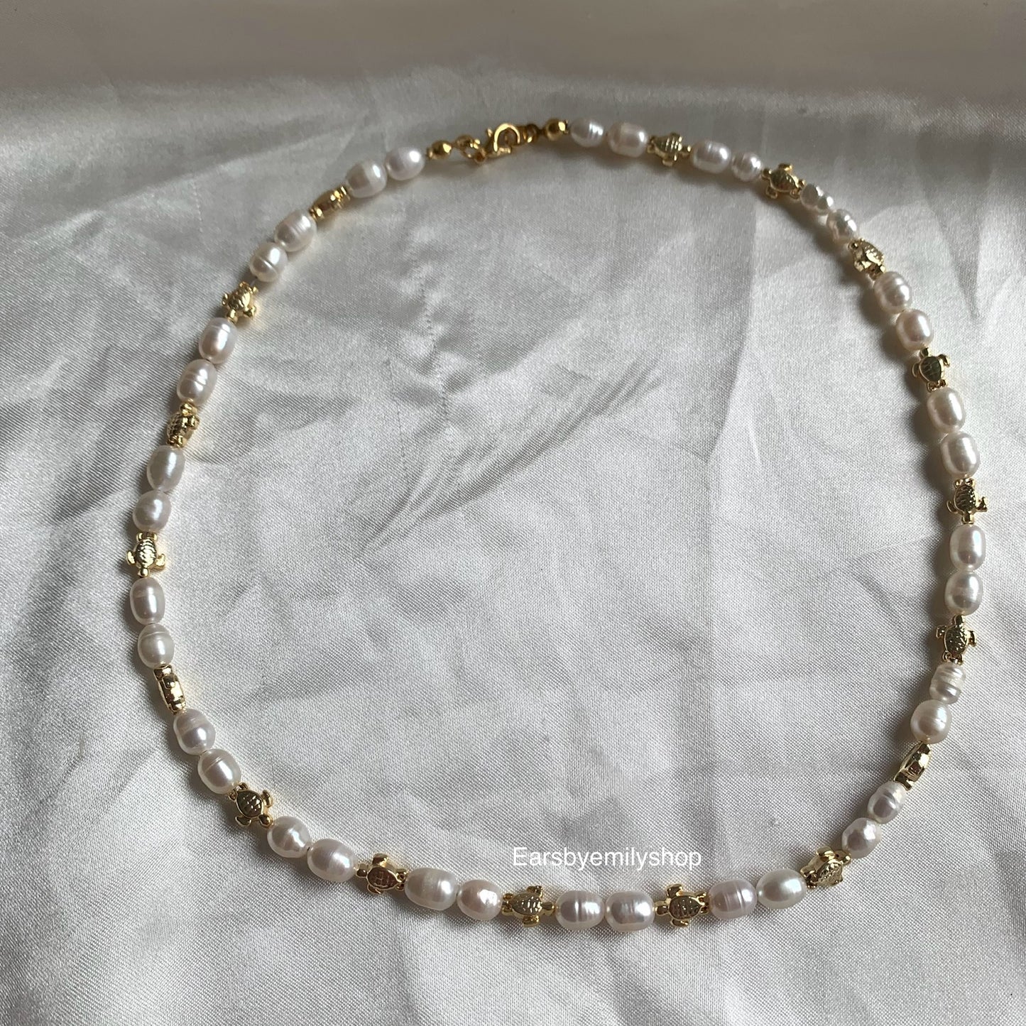 Freshwater pearl and 24kt gold plated turtle necklace