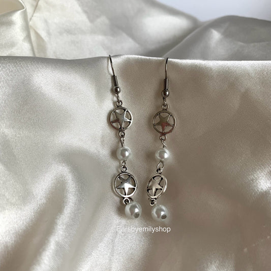 Cool silver faux pearl and star  statement dangle hypoallergenic earrings