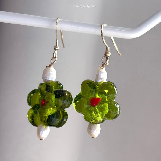 Sterling silver or gold filled green glass flower earrings with freshwater pearls