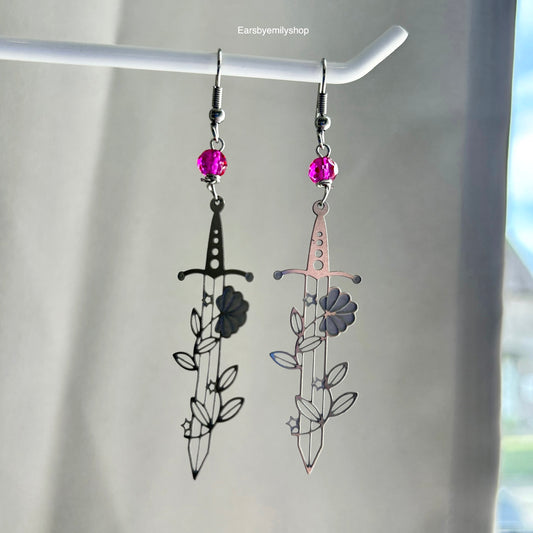 Silver stainless steel floral sword earrings with pink or green beads