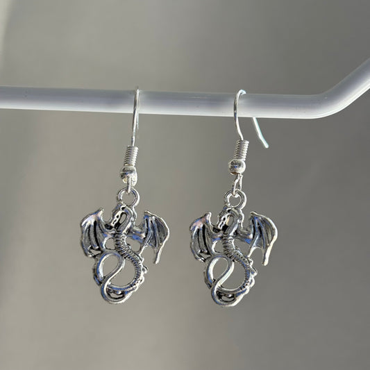 Silver little dragon dangle earrings