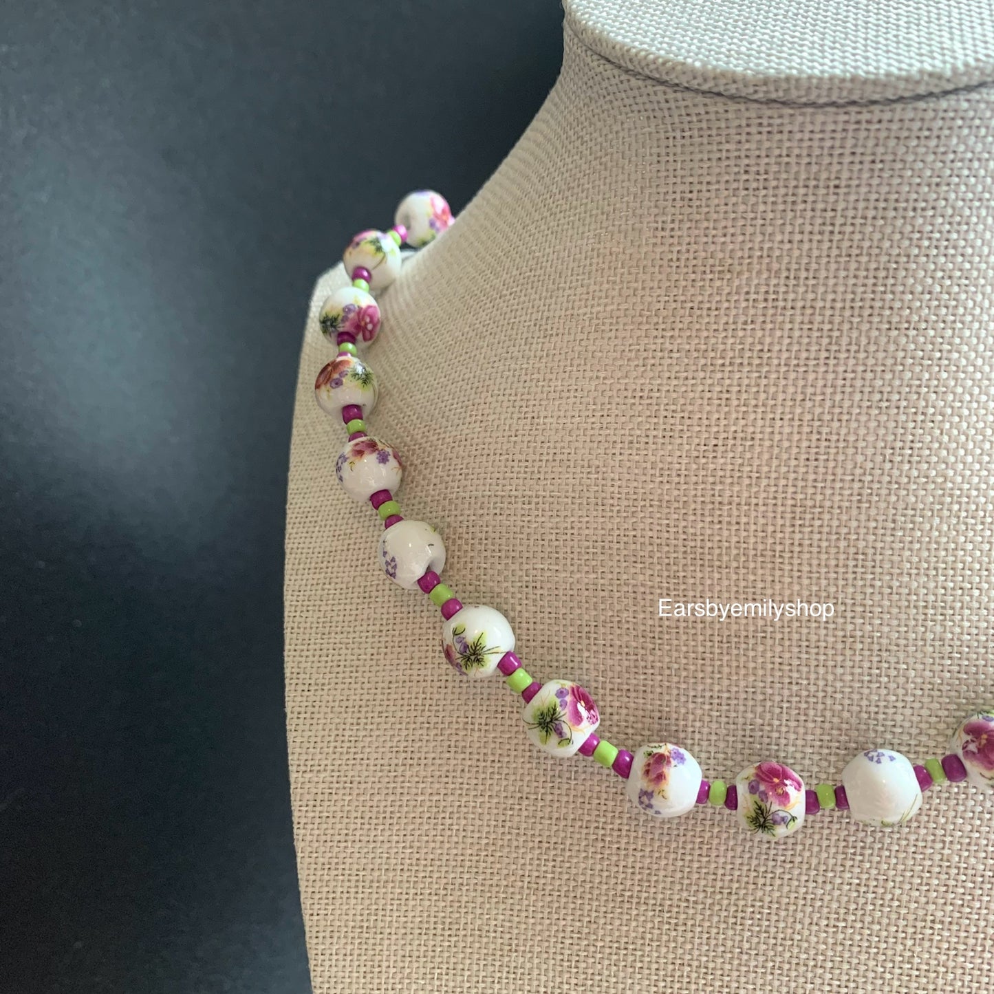 Purple, green and white ceramic beaded 24kt gold plated necklace