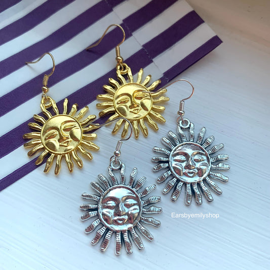 Silver or gold happy sun dangle earrings