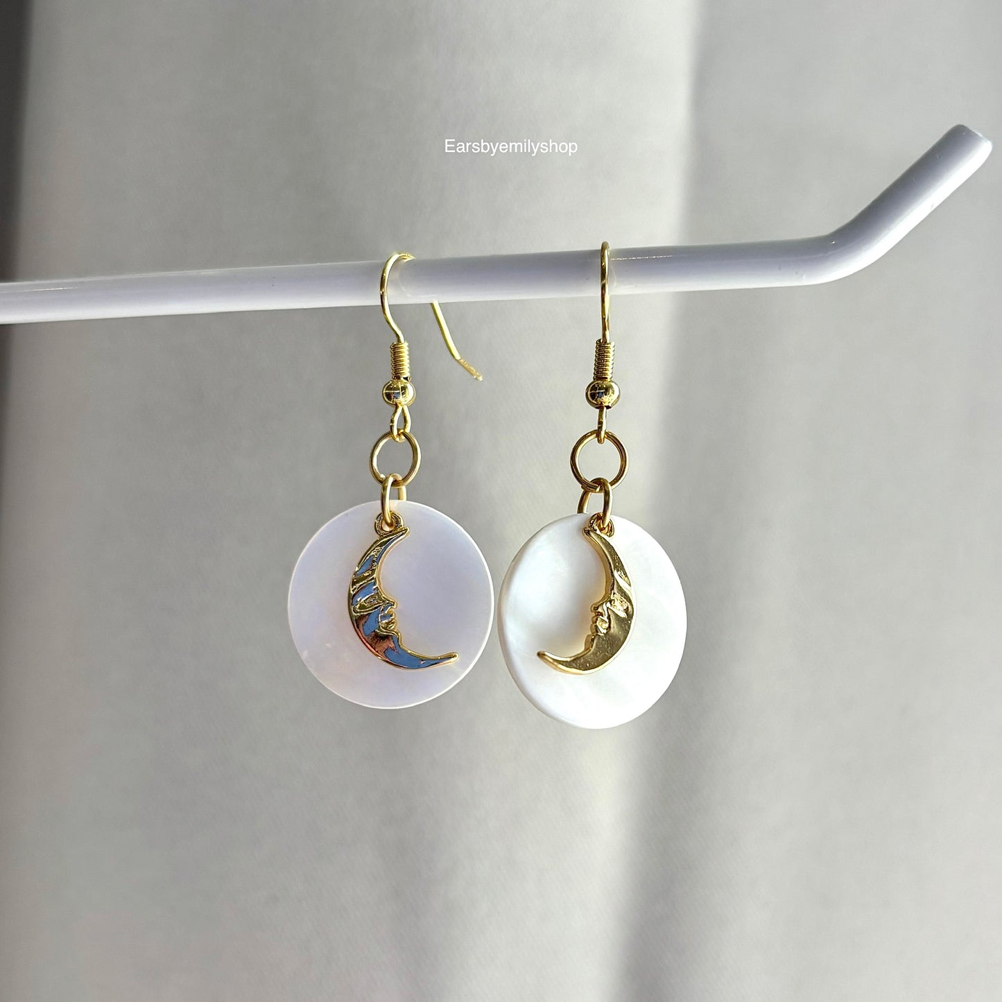 18k Gold plated moon face on shell disc earrings