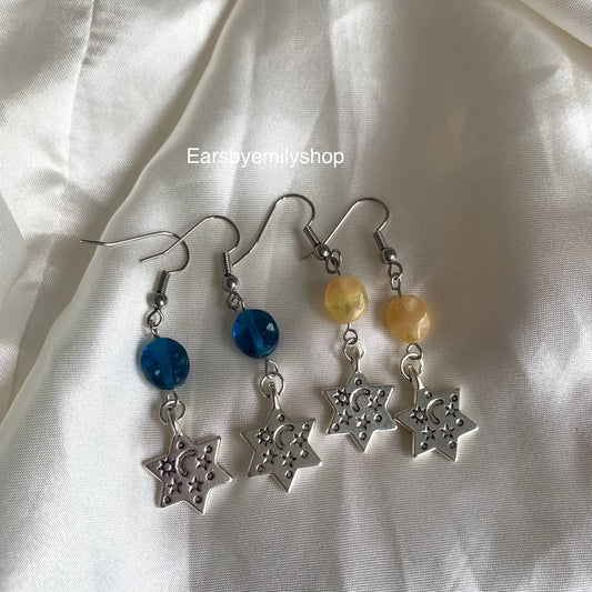 Cool silver star with yellow or blue bead statement dangle hypoallergenic earrings