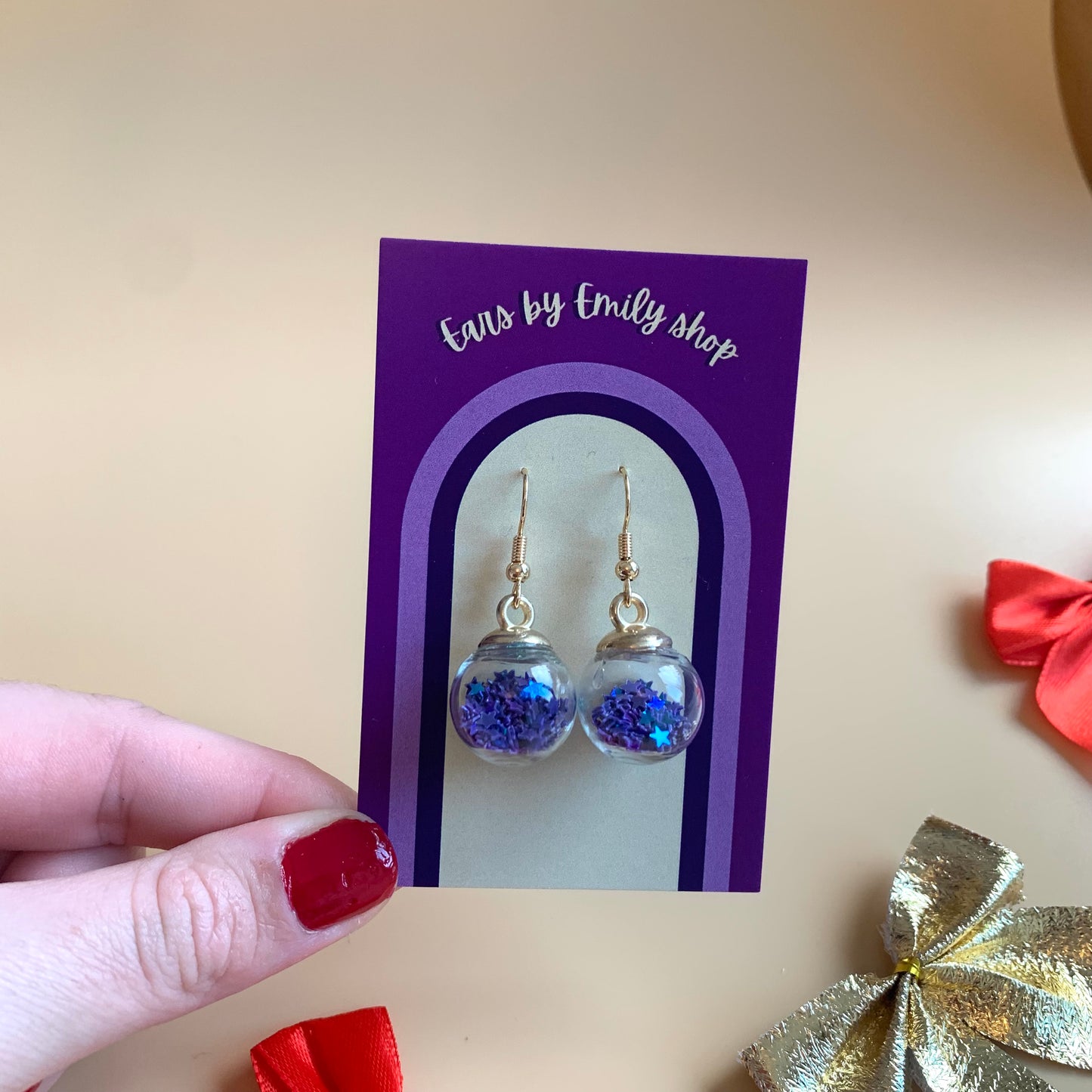 Festive blue Christmas bauble gold earrings