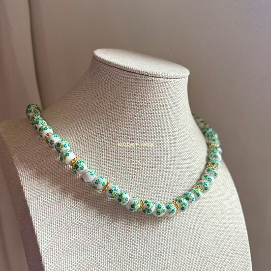 Green and white ceramic beaded 24kt gold plated necklace