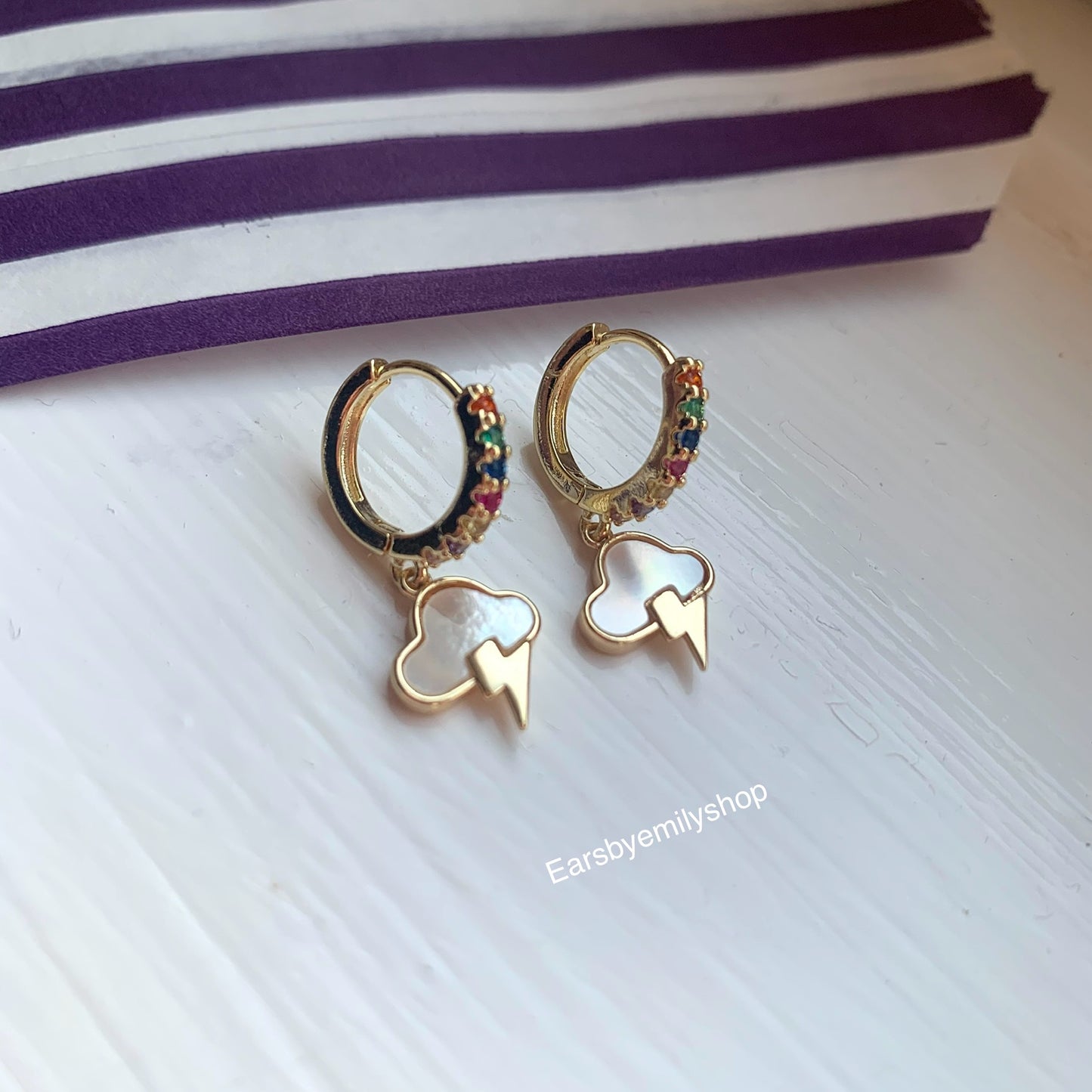 Rainbow crystal hoops with white mother of pearl thunder cloud earrings