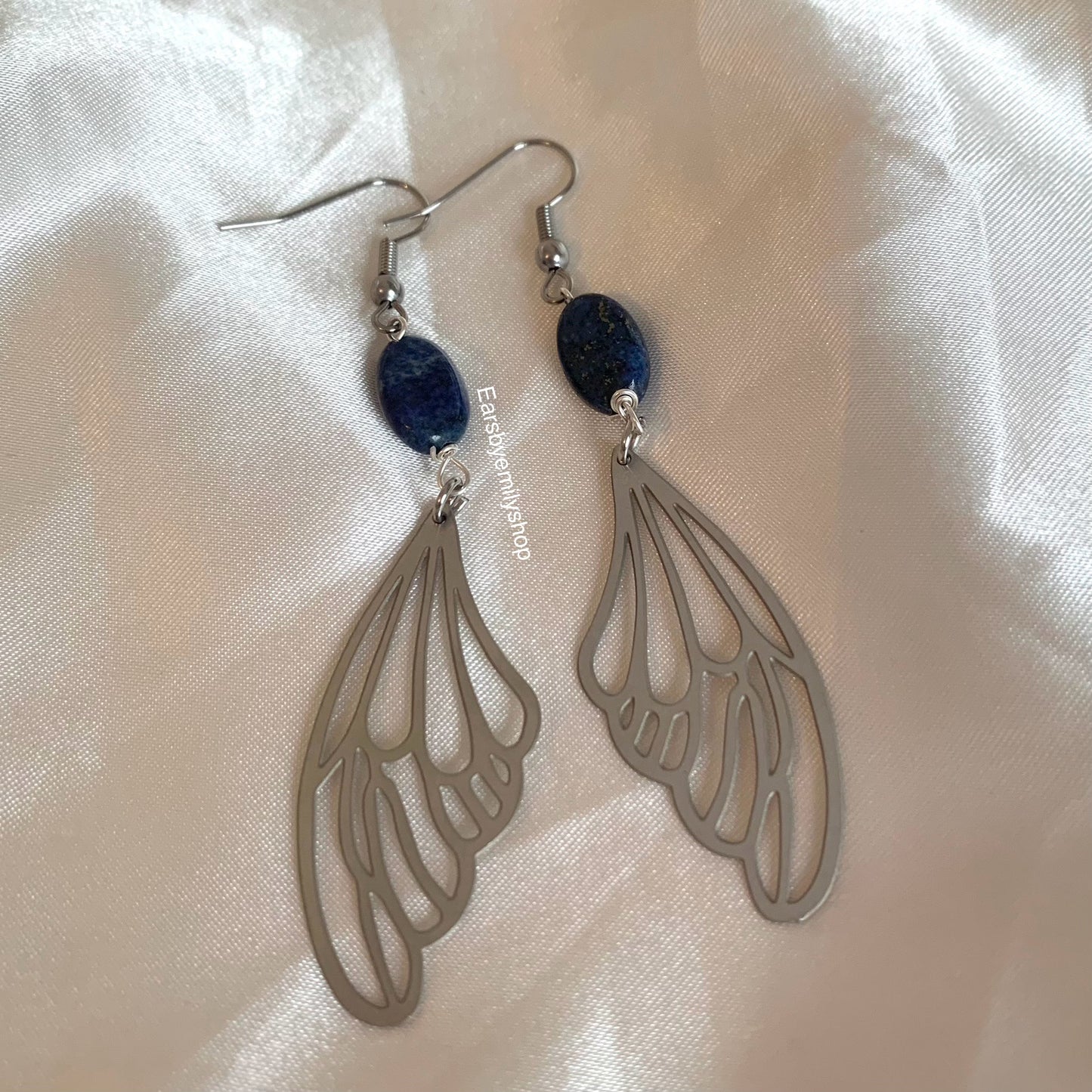 Silver stainless steel butterfly fairy wing earrings with lapis lazuli crystals