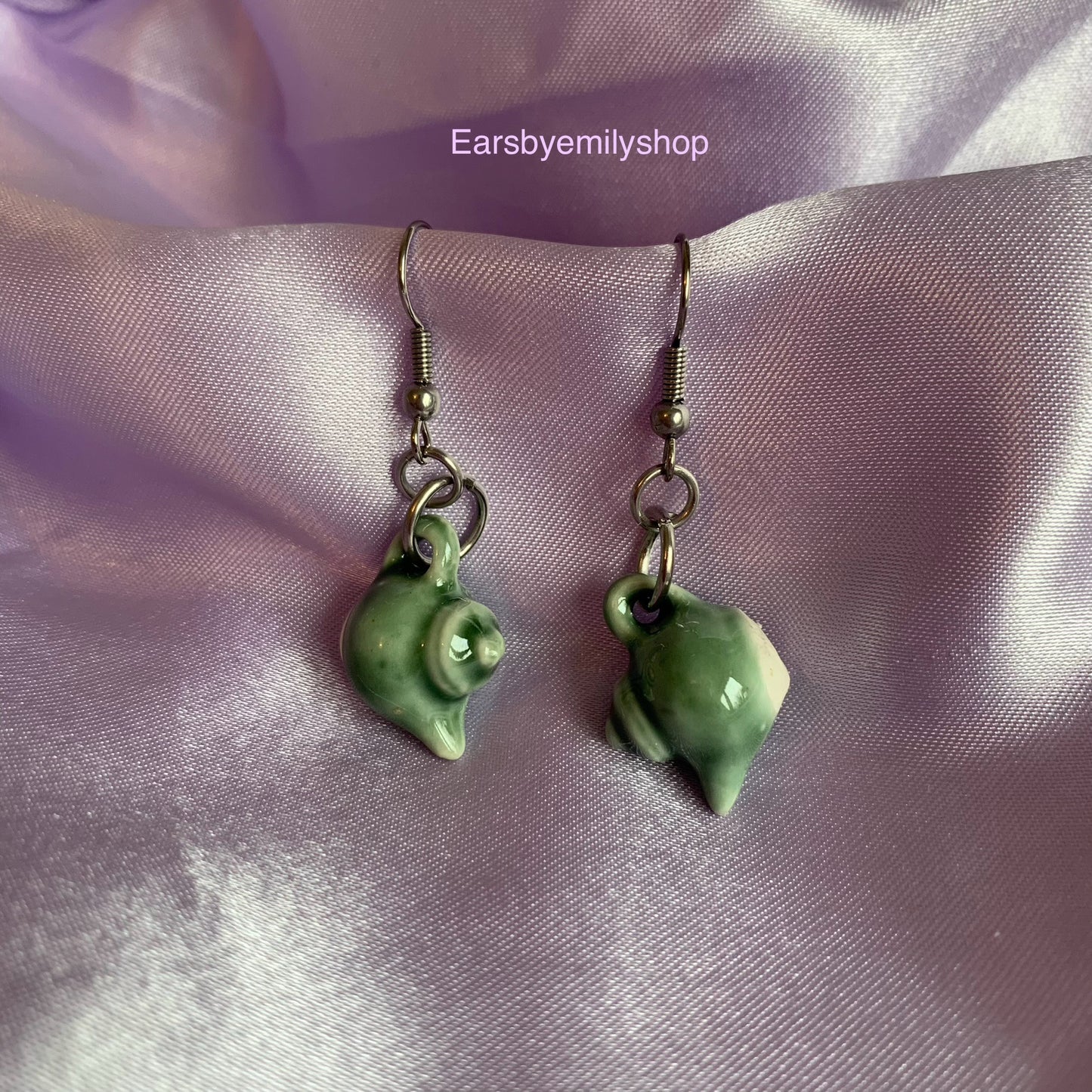 Green porcelain rustic teapot stainless steel earrings