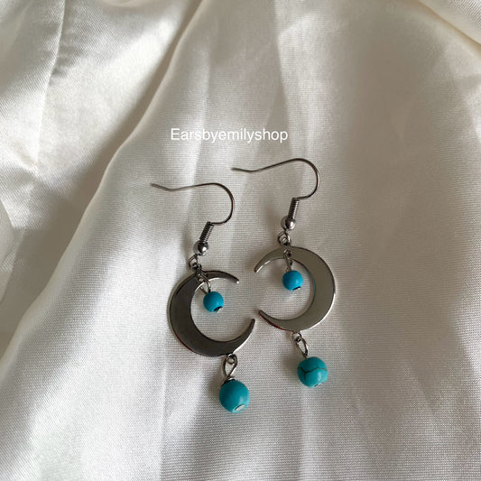 Cool silver moon with turquoise blue bead dangle hypoallergenic earrings