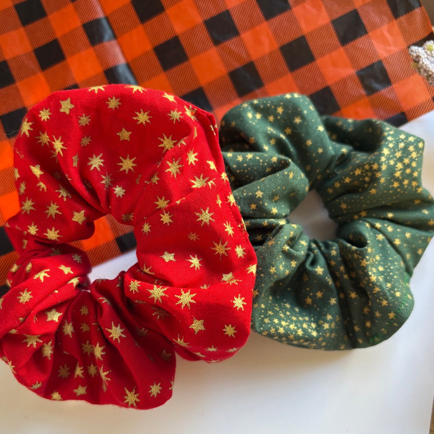 Green or red with gold glitter star Christmas large cotton scrunchie