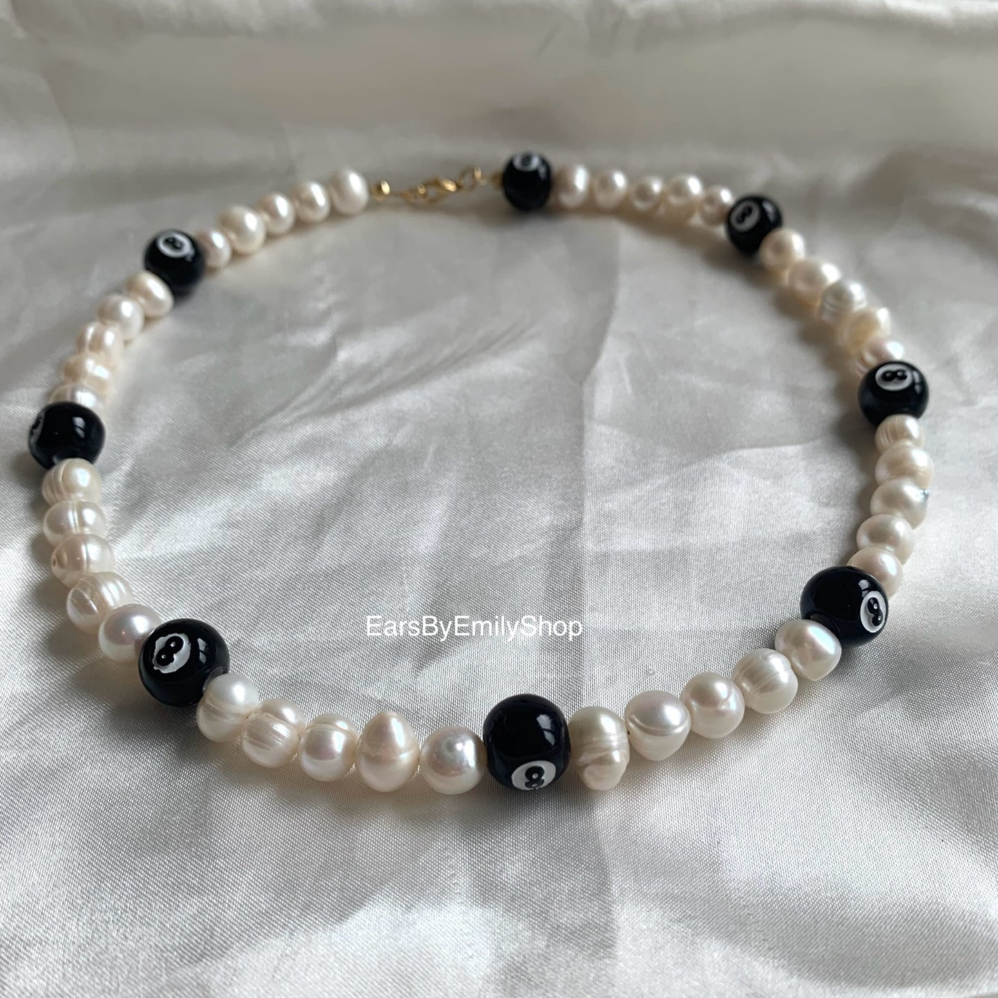 Lucky freshwater pearl and eight 8 ball choker necklace