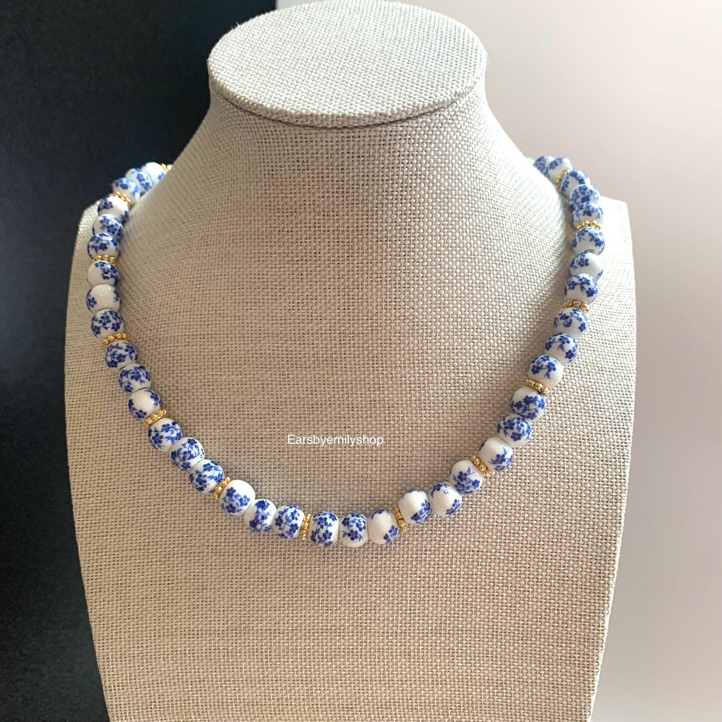 Blue and white ceramic beaded 24kt gold plated necklace