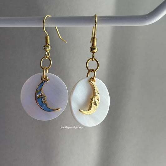 18k Gold plated moon face on shell disc earrings