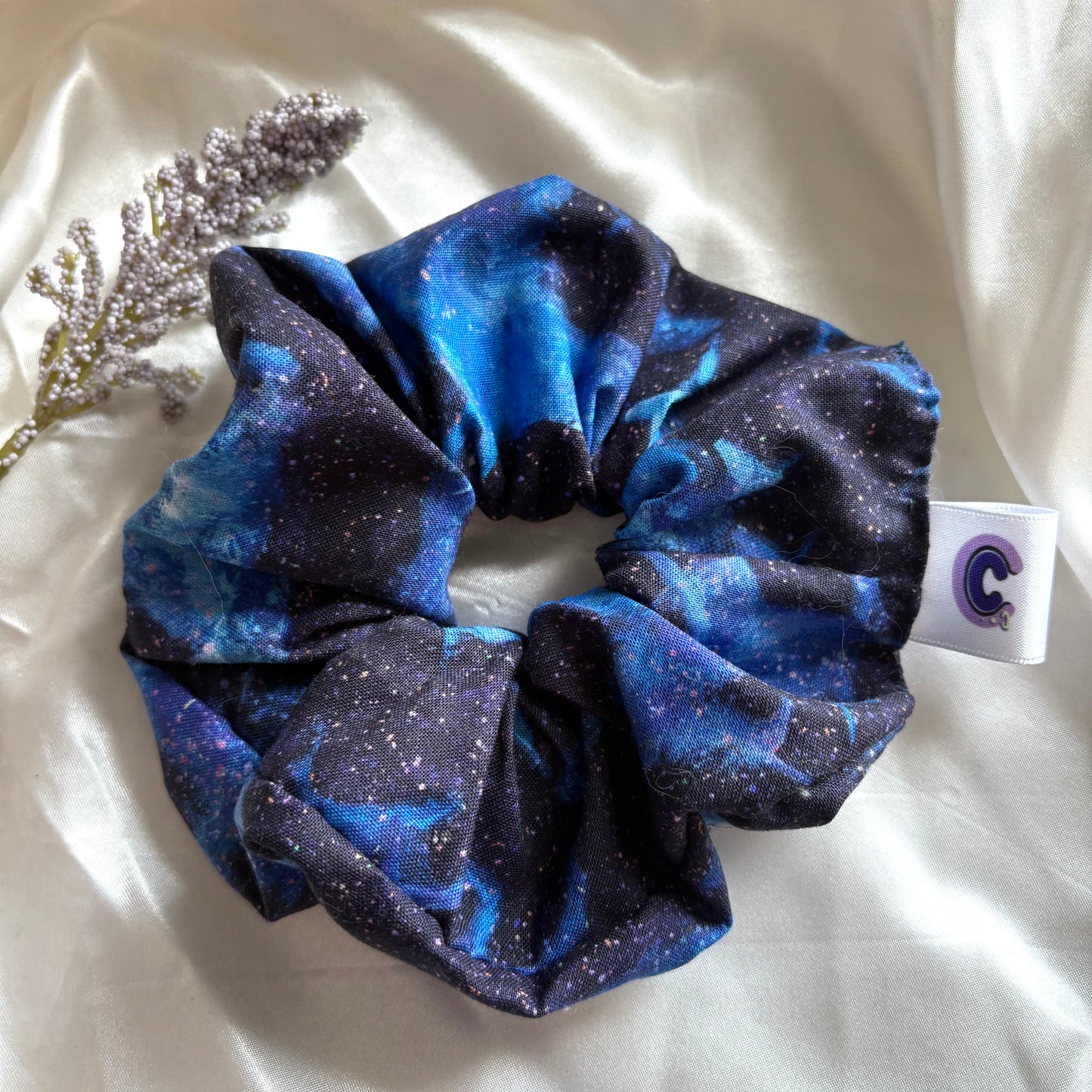 Big handmade navy blue unicorn galaxy scrunchie