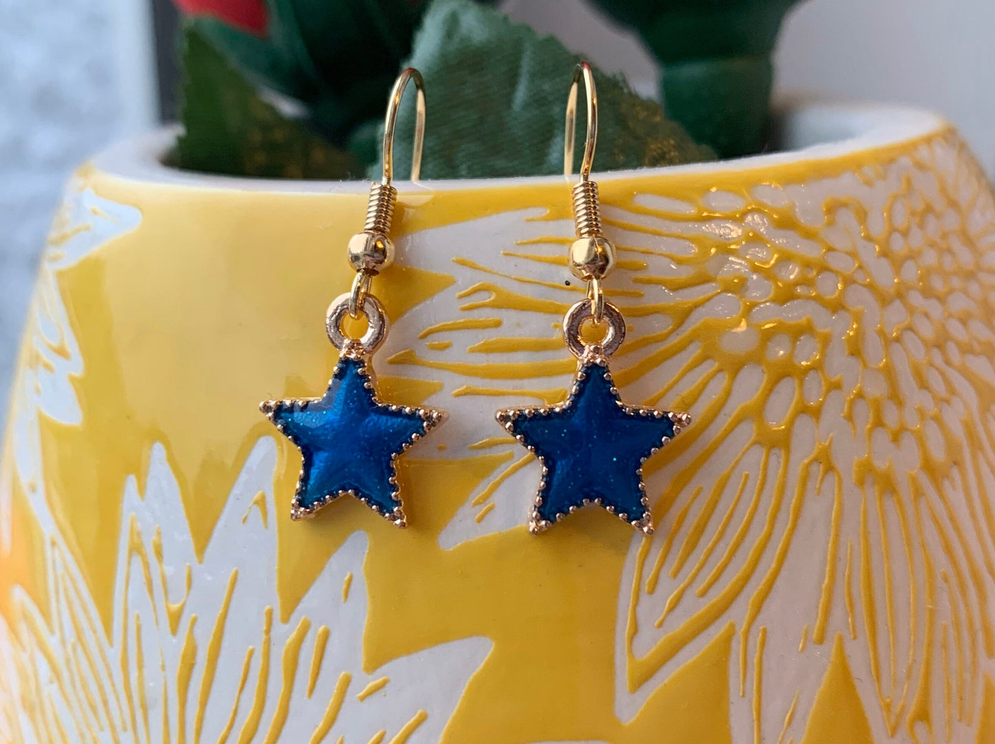 Blue, pink, purple or yellow star gold earrings