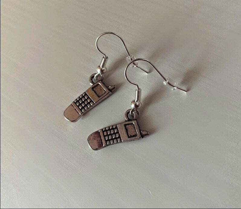 Silver mobile phone dangle earrings