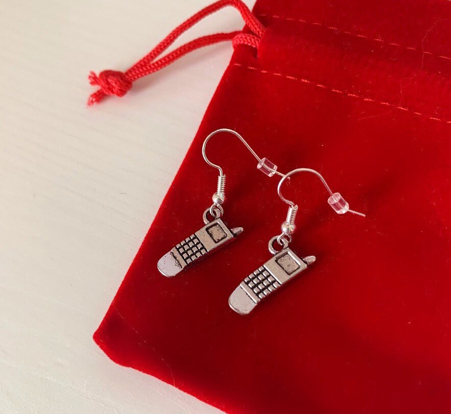 Silver mobile phone dangle earrings