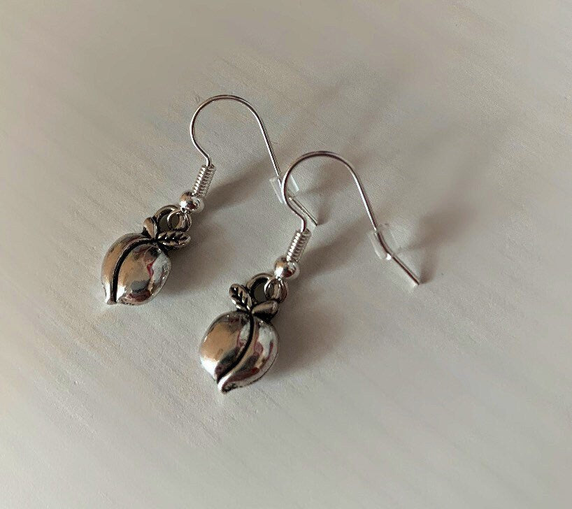 Silver peach fruit dangle earrings