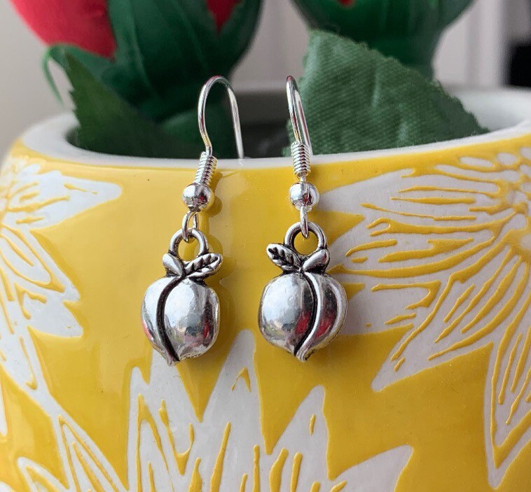 Silver peach fruit dangle earrings