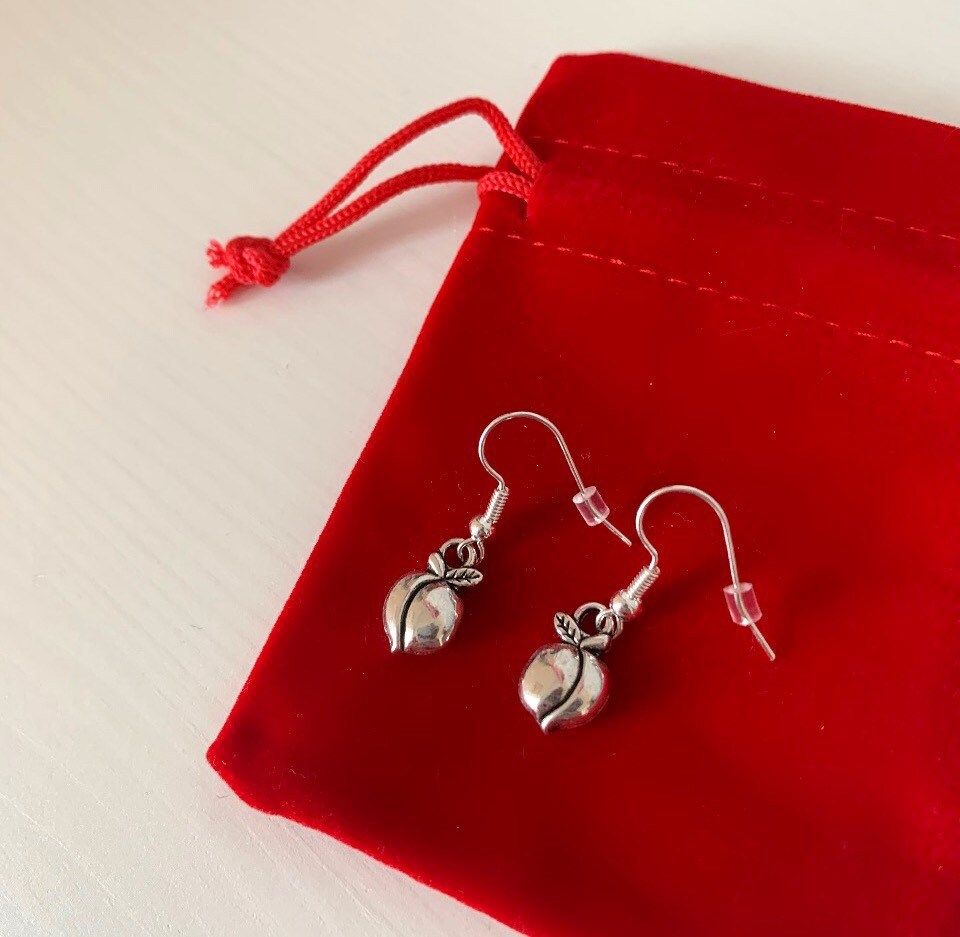 Silver peach fruit dangle earrings