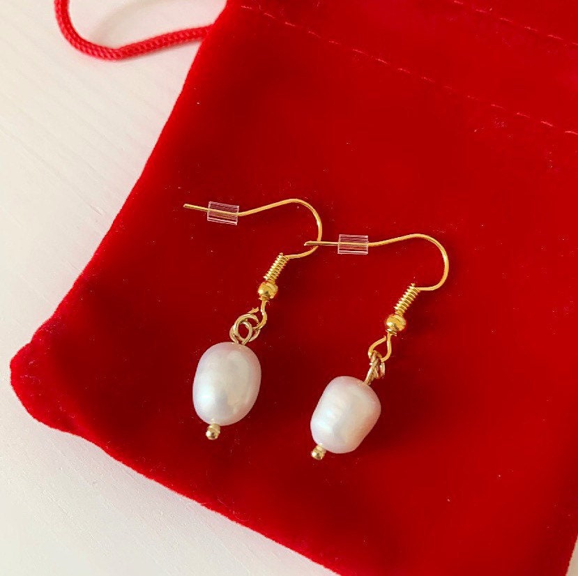 Gold plated fresh water white pearl earrings