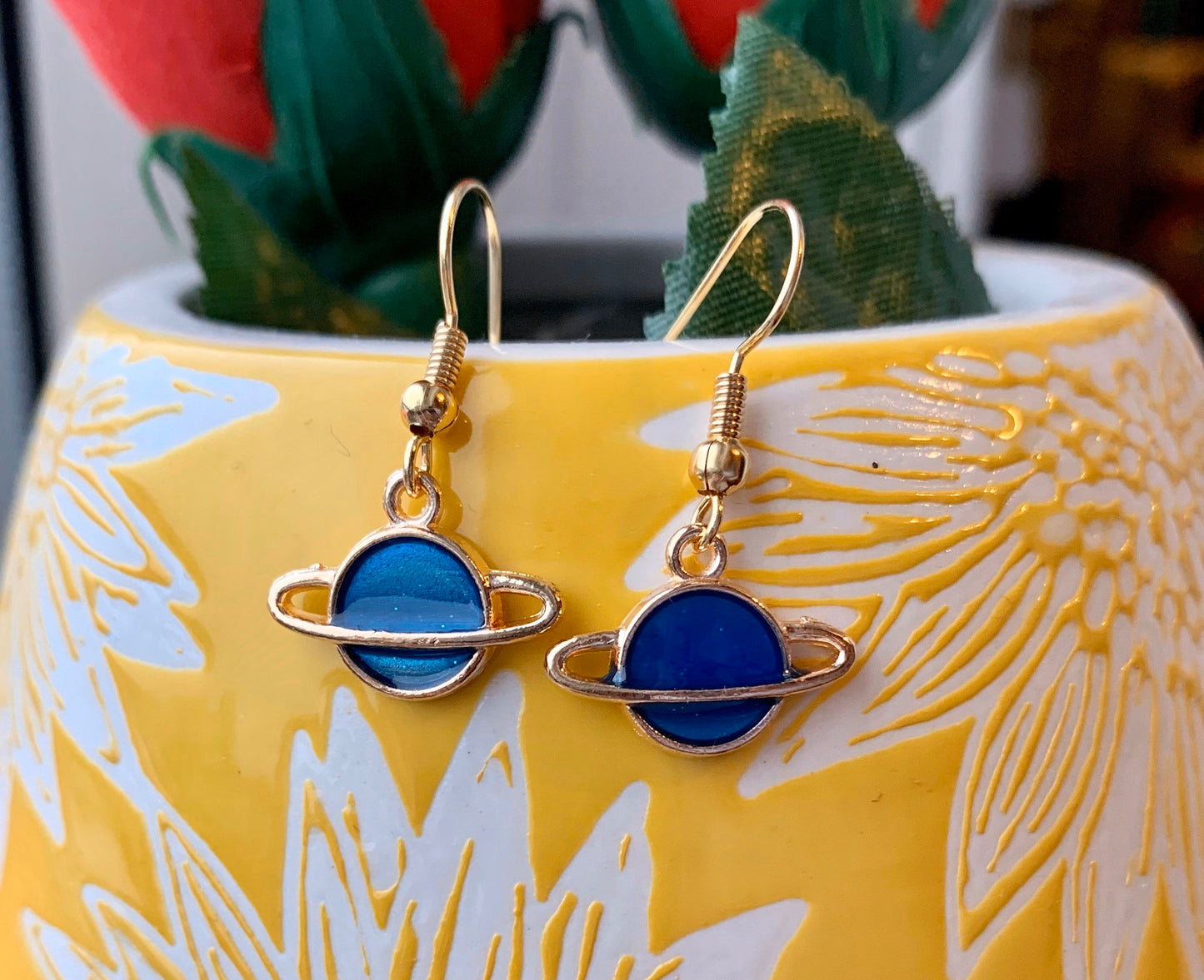 Blue or pink saturn planet earrings